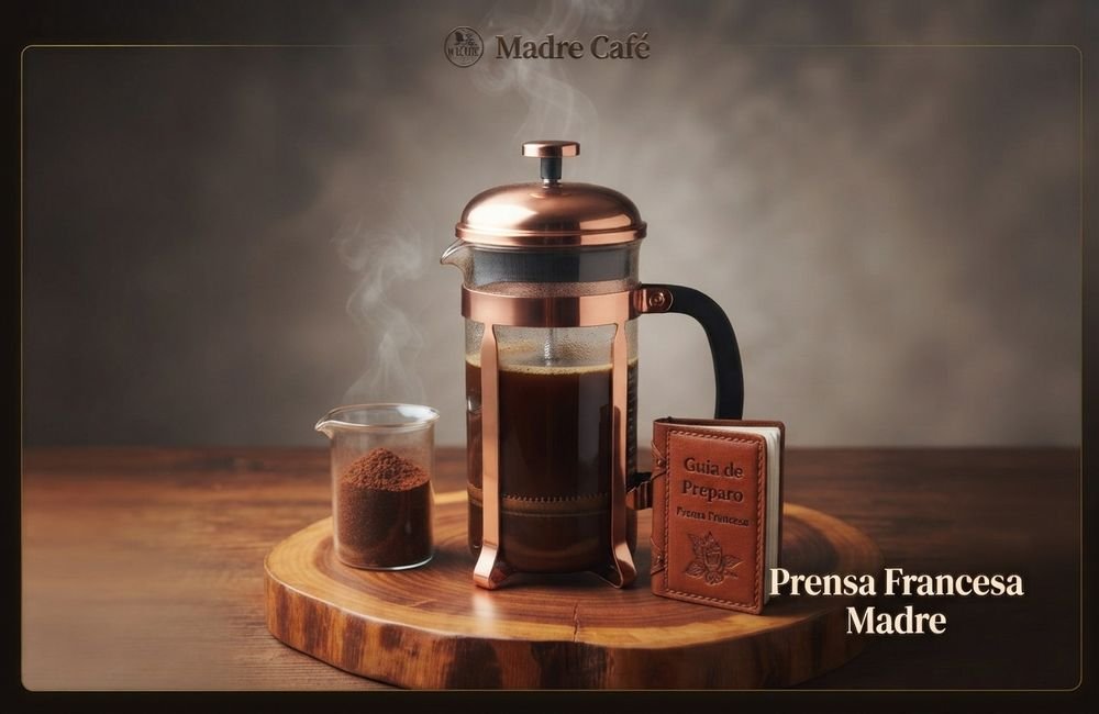 Prensa francesa de cobre com café fresco sobre uma tábua de madeira